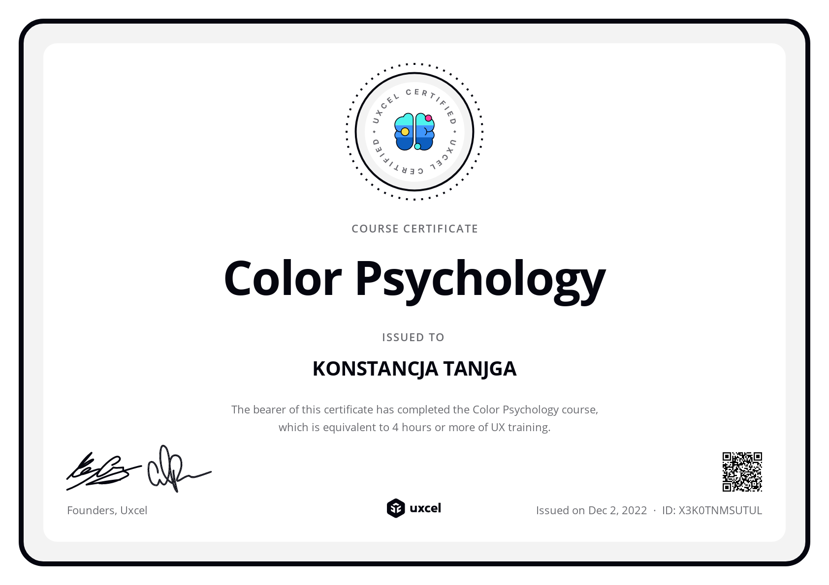 KONSTANCJA TANJGA's certificate